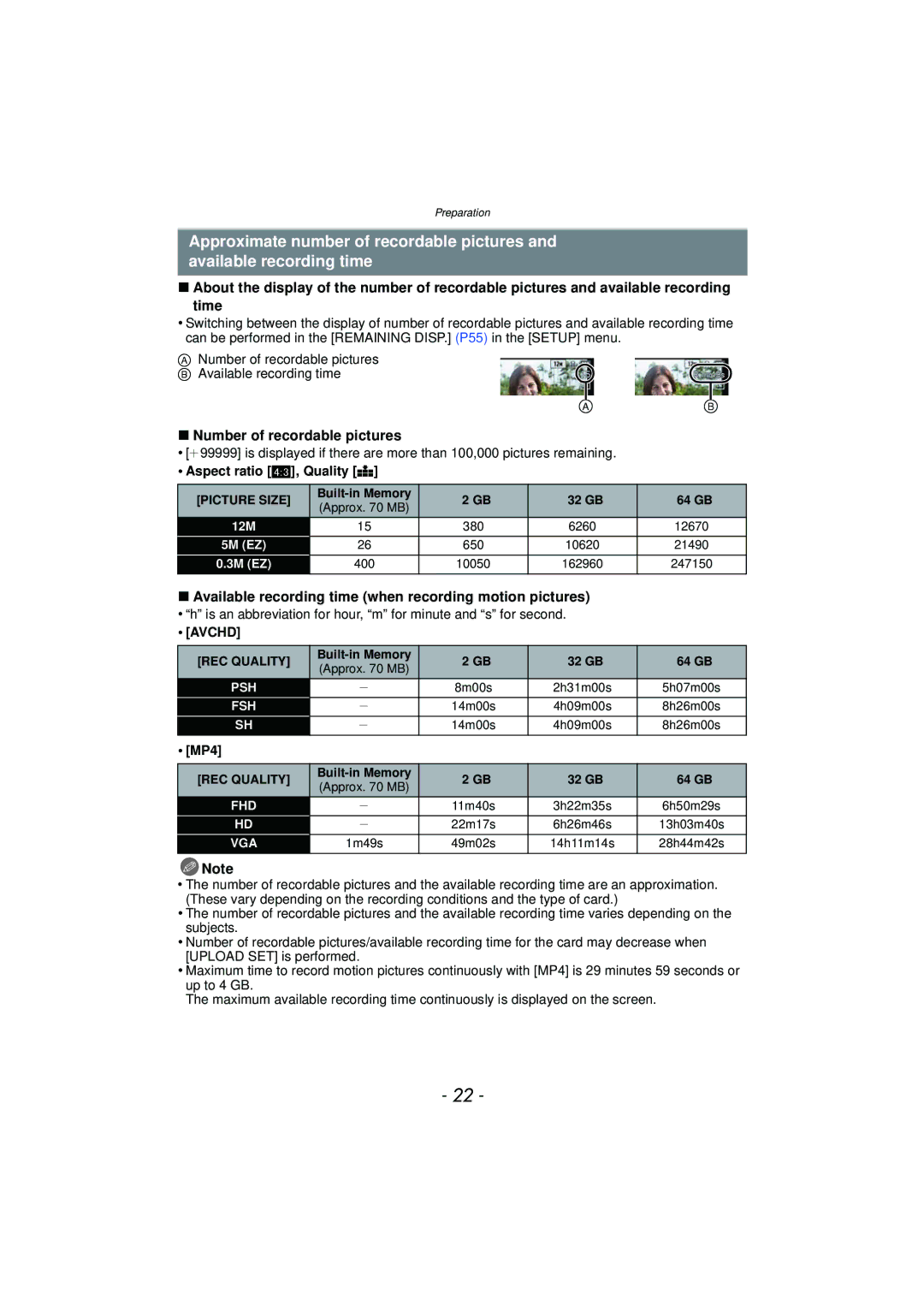 Panasonic DMCFZ150K owner manual Number of recordable pictures, Available recording time when recording motion pictures 