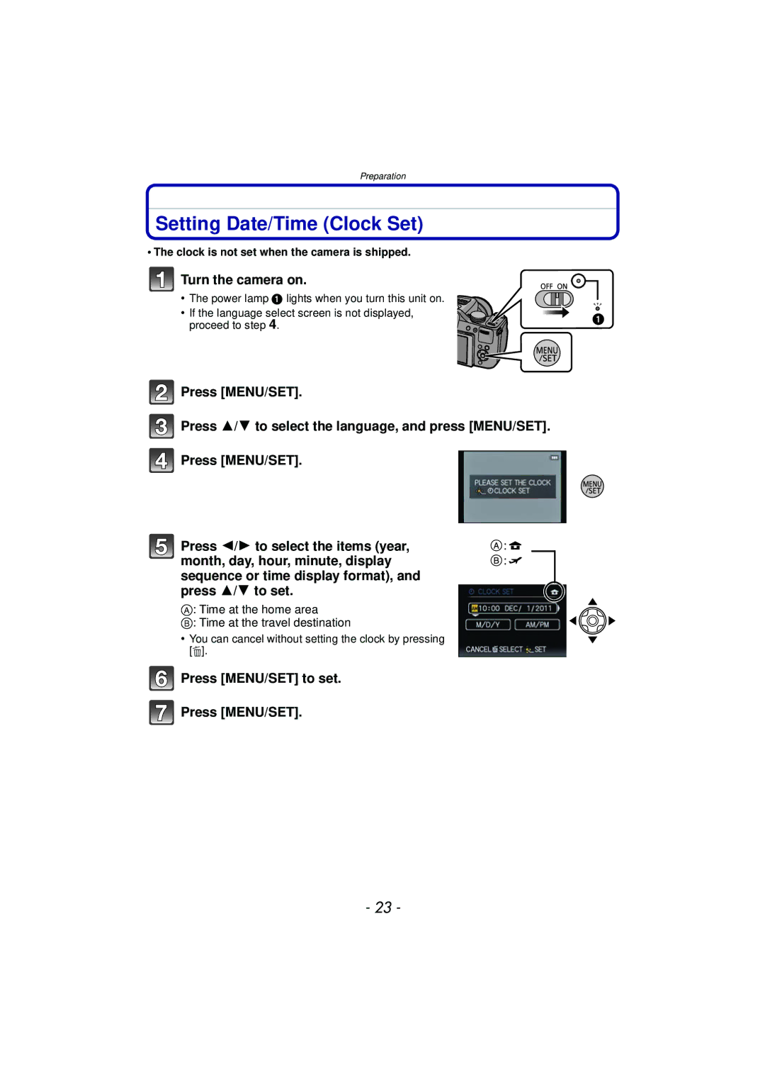 Panasonic DMCFZ150K owner manual Setting Date/Time Clock Set, Turn the camera on, Press MENU/SET to set 