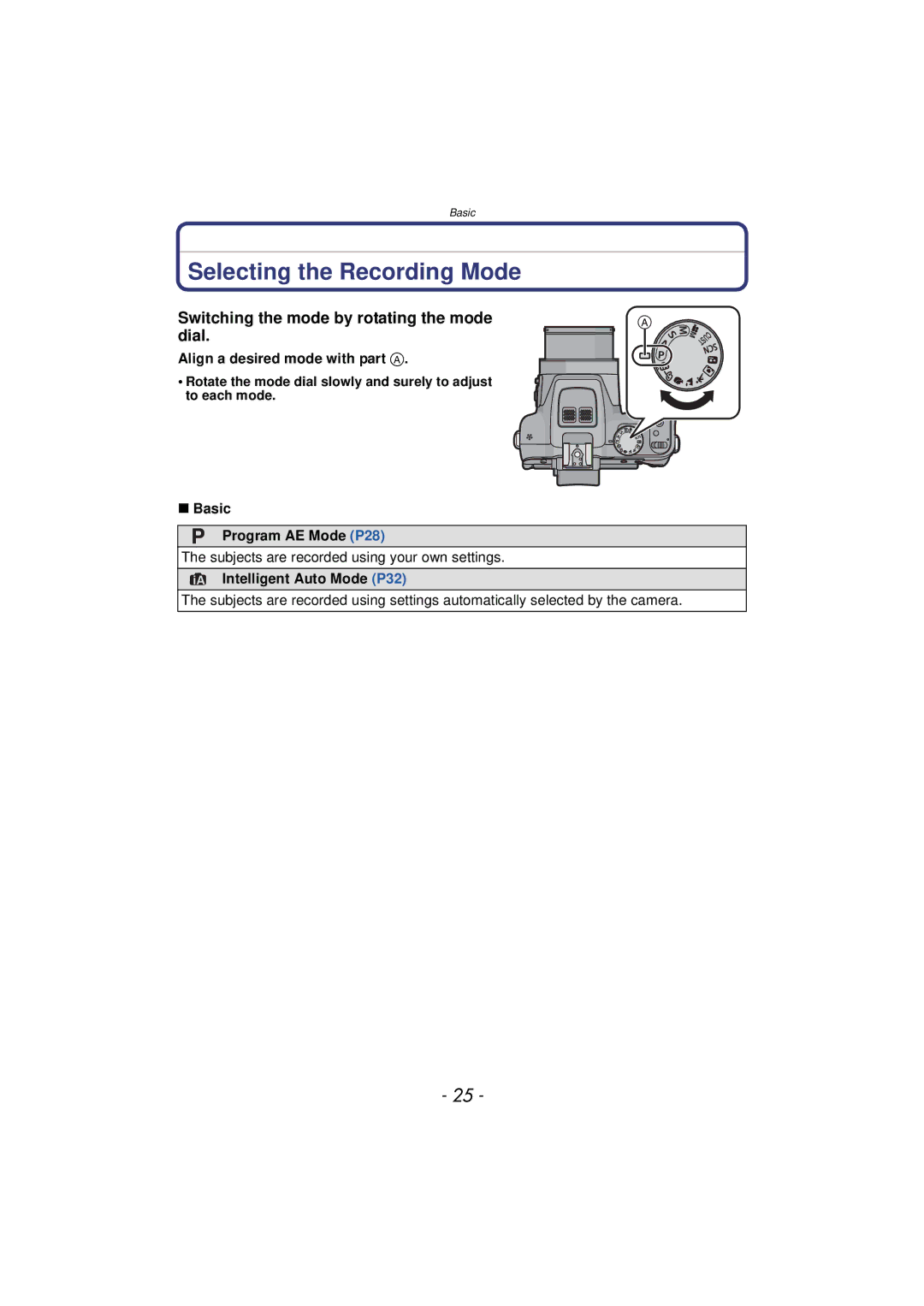 Panasonic DMCFZ150K Selecting the Recording Mode, Switching the mode by rotating the mode dial, Basic Program AE Mode P28 