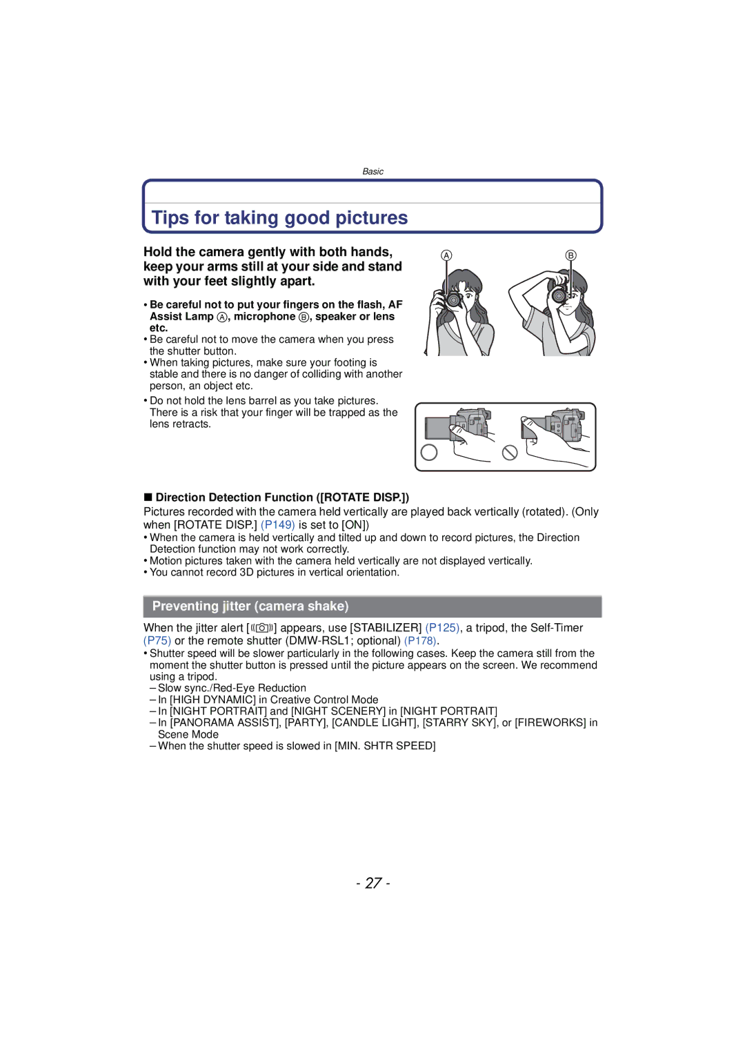 Panasonic DMCFZ150K owner manual Tips for taking good pictures, Preventing jitter camera shake 