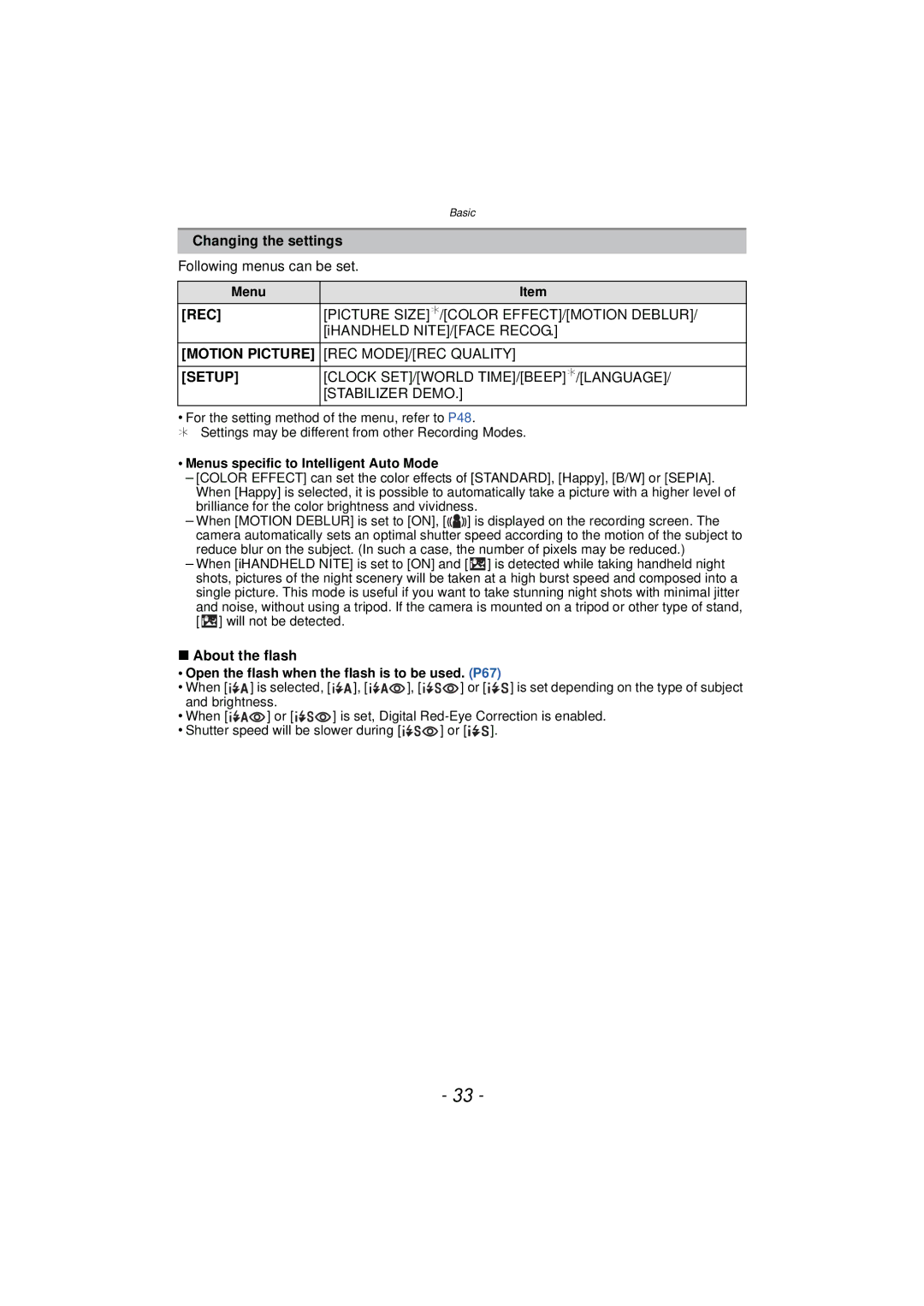 Panasonic DMCFZ150K owner manual Changing the settings, Rec, Motion Picture, Setup, About the flash 