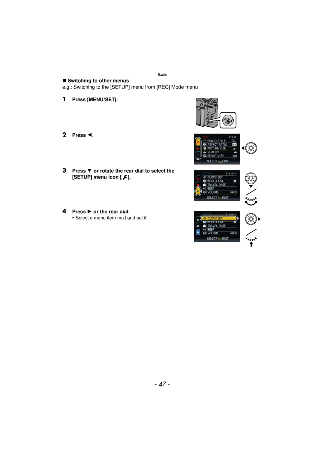 Panasonic DMCFZ150K owner manual Switching to other menus, Switching to the Setup menu from REC Mode menu 