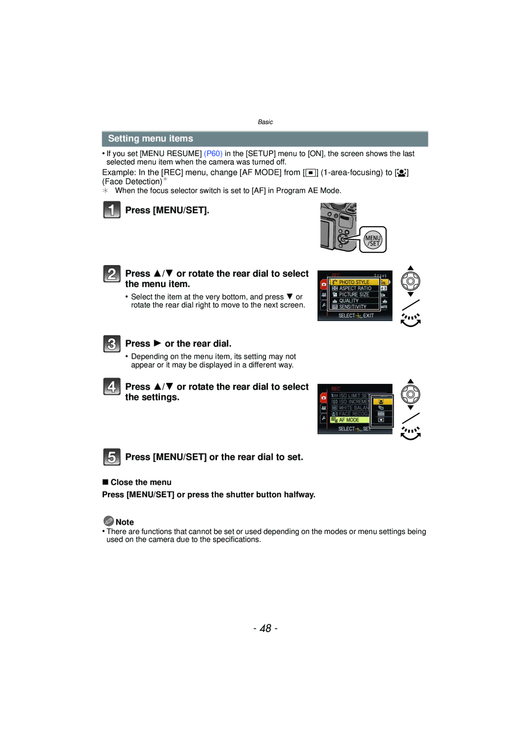 Panasonic DMCFZ150K owner manual Setting menu items, Press 1 or the rear dial 