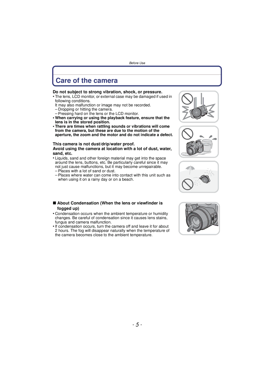 Panasonic DMCFZ150K owner manual Care of the camera, Do not subject to strong vibration, shock, or pressure 