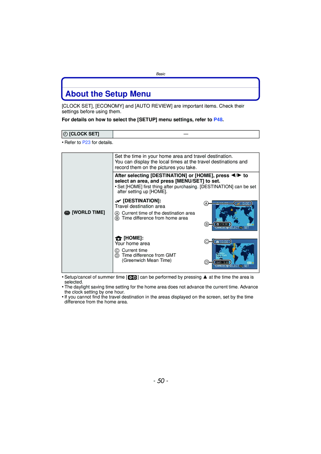 Panasonic DMCFZ150K owner manual About the Setup Menu, Destination Travel destination area, Home Your home area 