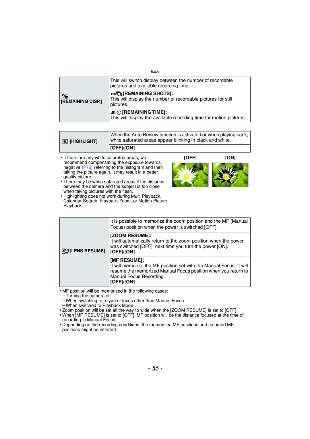 Panasonic DMCFZ150K owner manual Remaining Shots, Remaining Time, Zoom Resume, MF Resume 