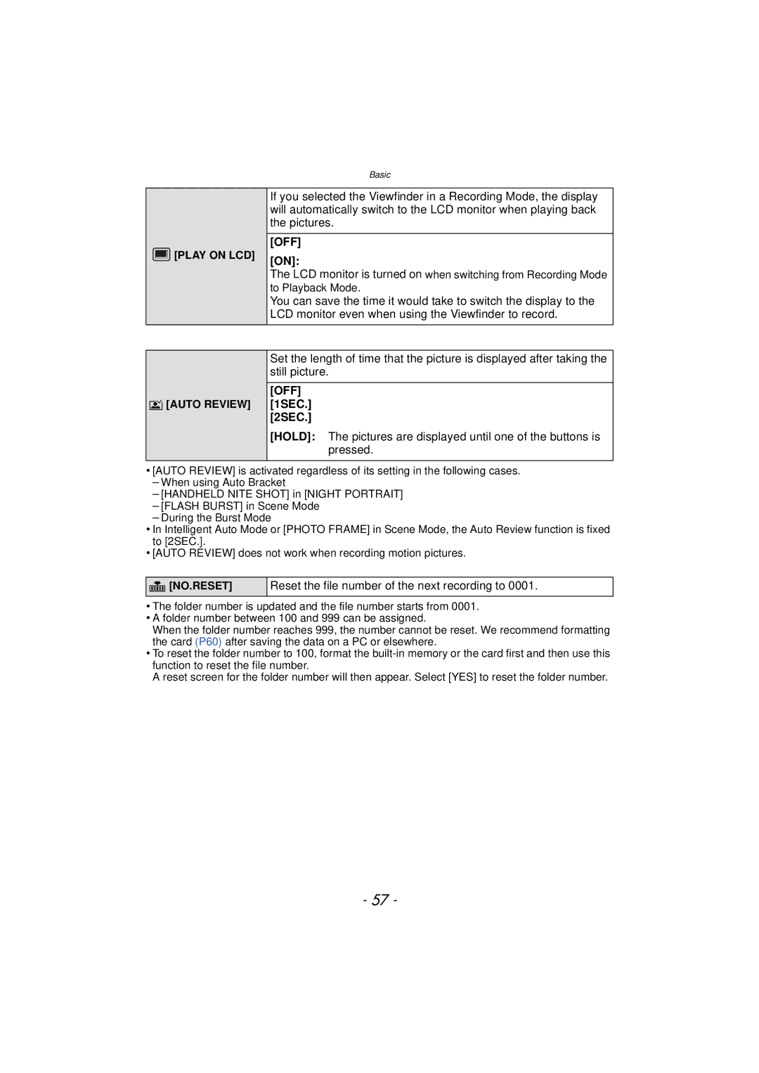 Panasonic DMCFZ150K owner manual 1SEC 2SEC, Reset the file number of the next recording to, Auto Review, No.Reset 