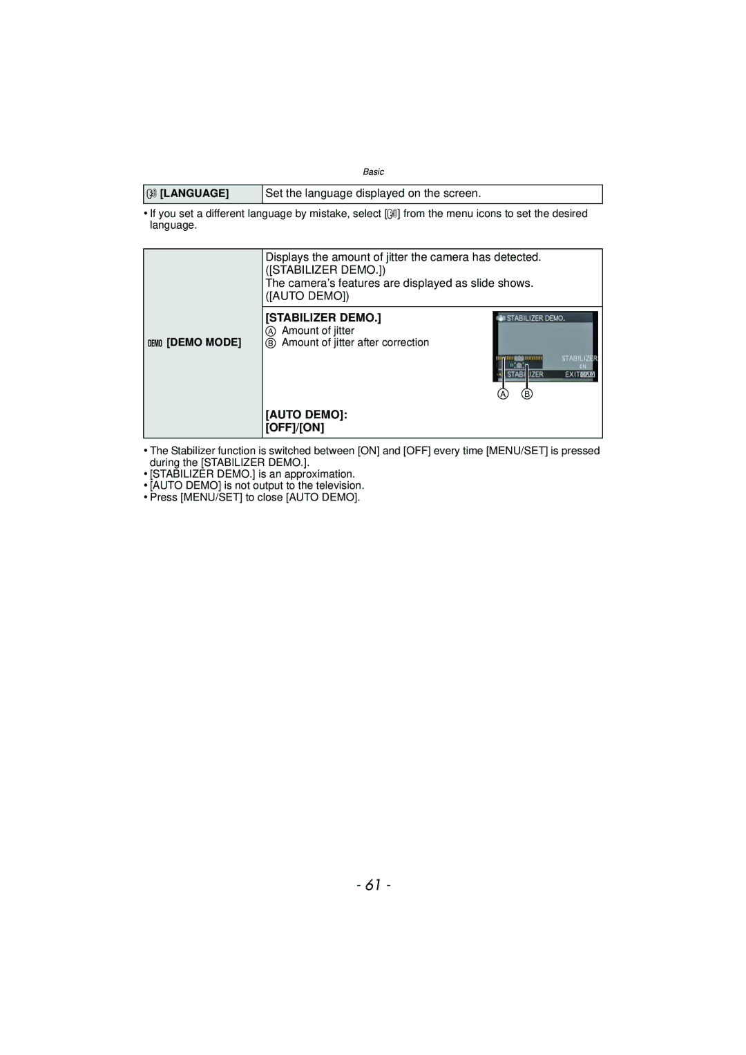 Panasonic DMCFZ150K owner manual Set the language displayed on the screen, Stabilizer Demo, Auto Demo OFF/ON 