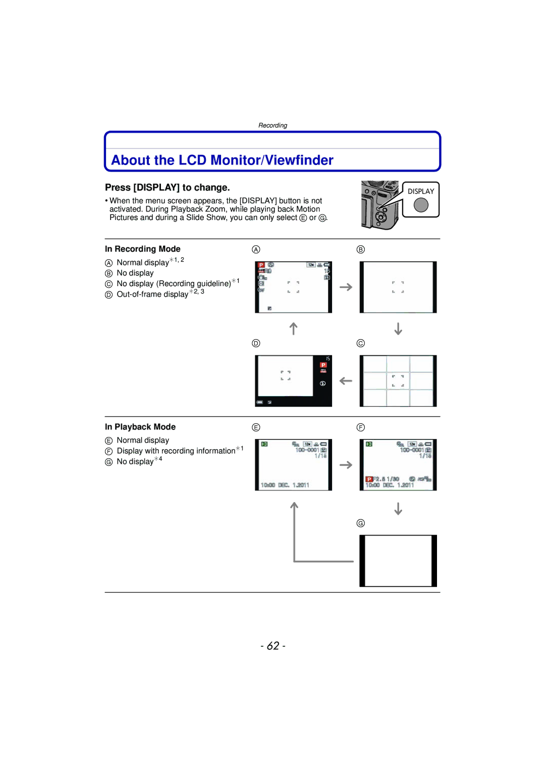 Panasonic DMCFZ150K About the LCD Monitor/Viewfinder, Press Display to change, Recording Mode, Playback Mode 