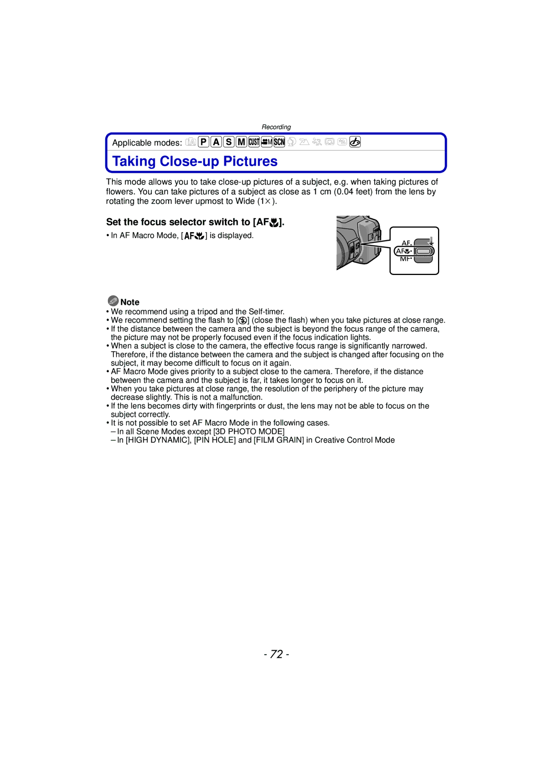 Panasonic DMCFZ150K owner manual Taking Close-up Pictures, Set the focus selector switch to AF# 