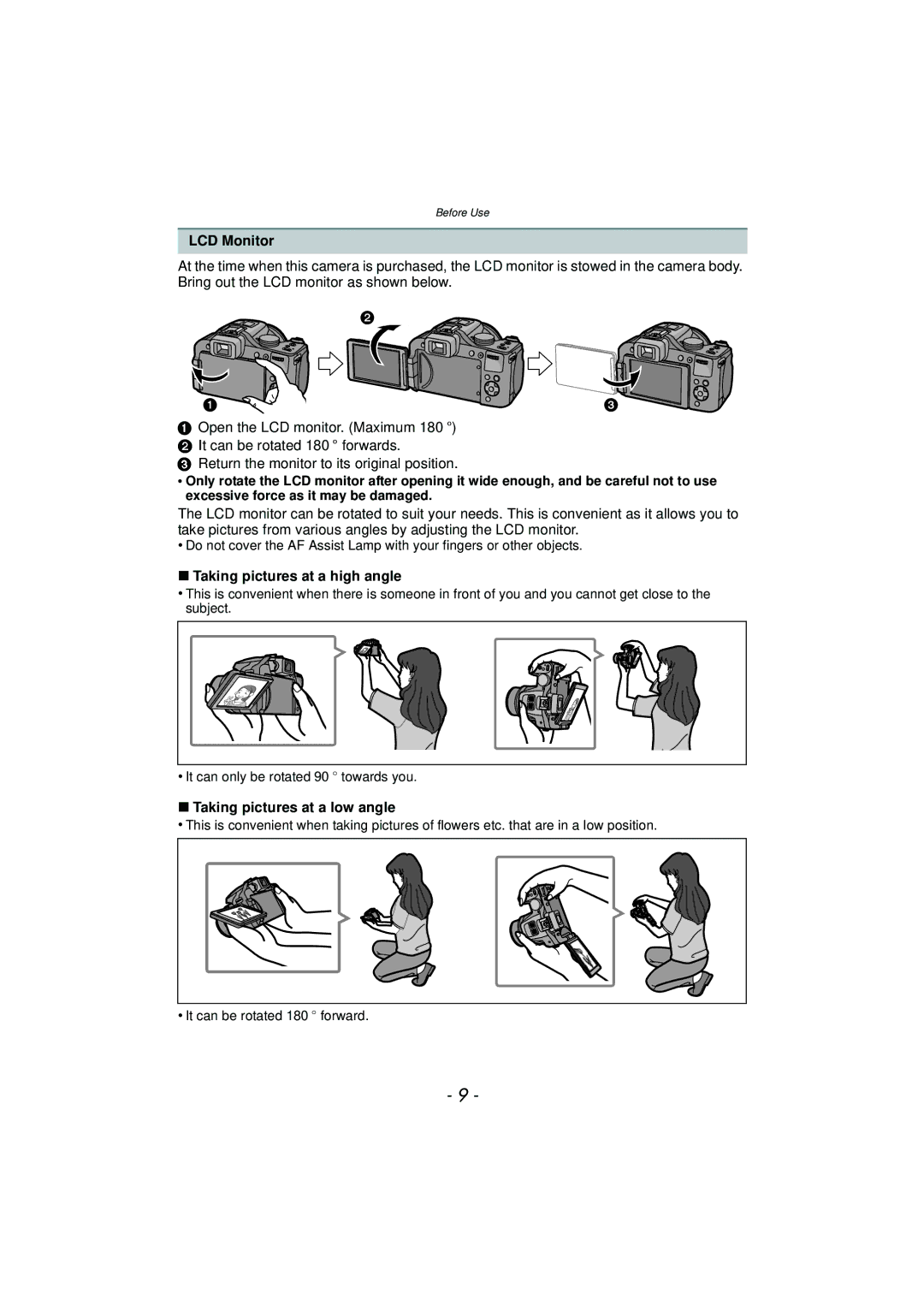 Panasonic DMCFZ150K owner manual LCD Monitor, Taking pictures at a high angle, Taking pictures at a low angle 