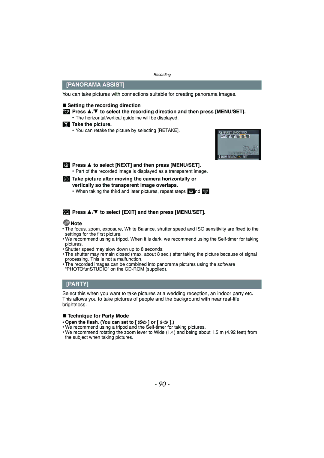 Panasonic DMCFZ150K owner manual Panorama Assist, Party 