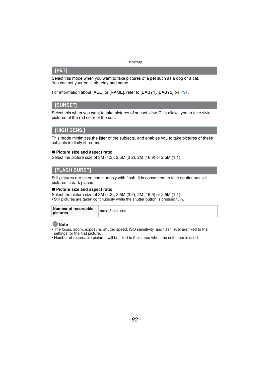 Panasonic DMCFZ150K owner manual Pet, Sunset, High Sens, Flash Burst, Picture size and aspect ratio 