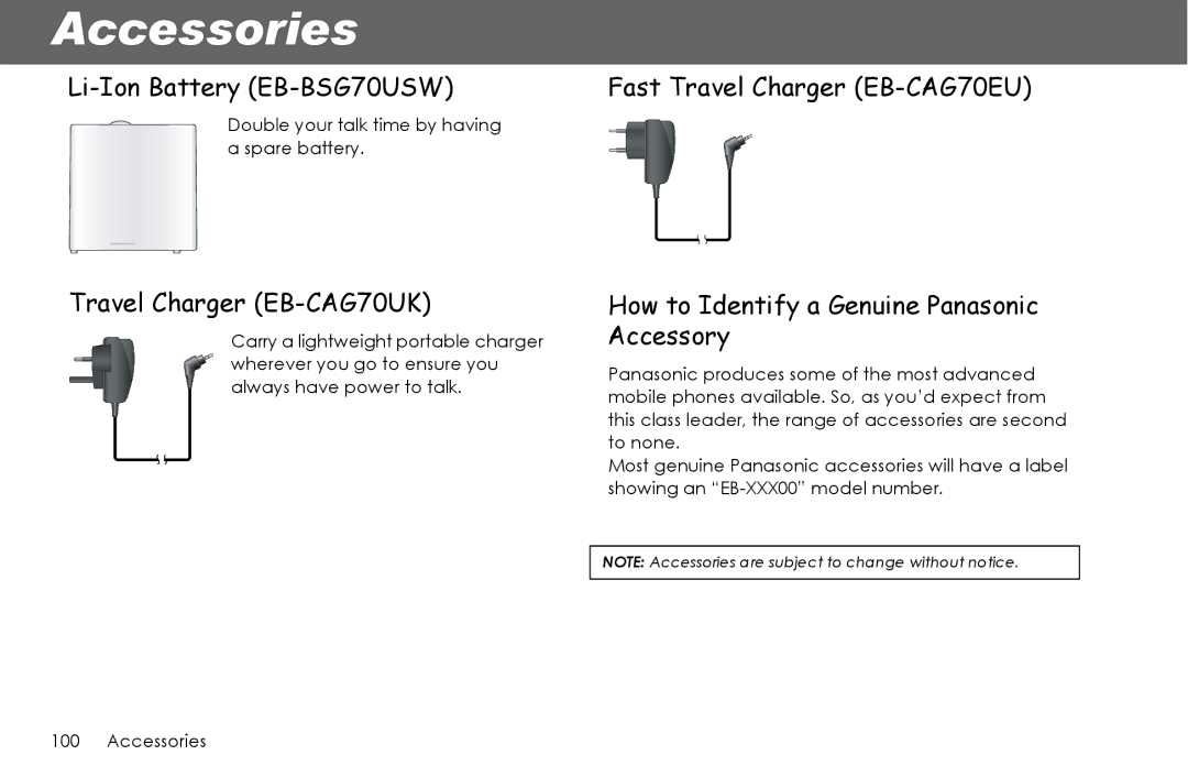 Panasonic G70 manual Accessories, Double your talk time by having a spare battery 