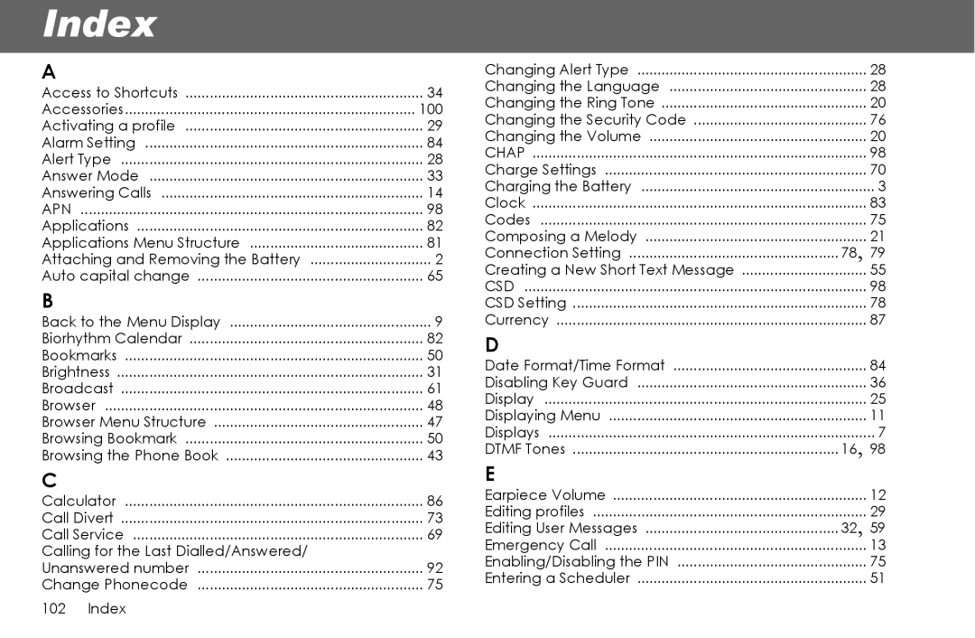 Panasonic G70 manual Index, 100, Calling for the Last Dialled/Answered 