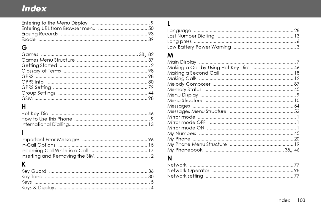 Panasonic G70 manual Index 