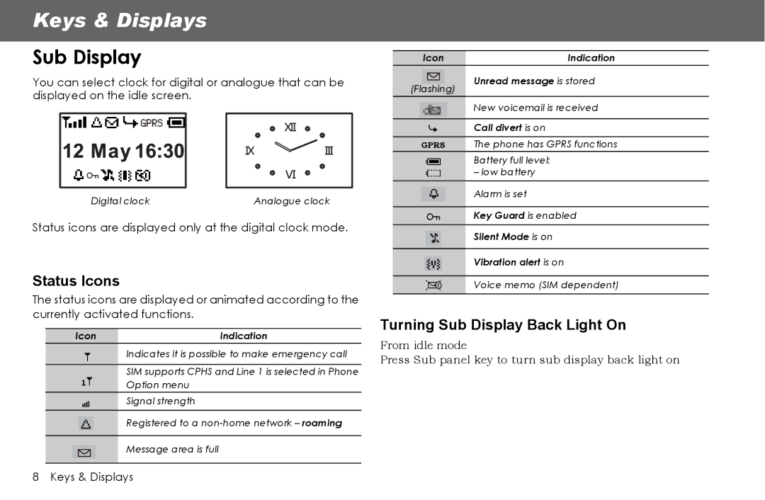 Panasonic G70 manual Sub Display, Status icons are displayed only at the digital clock mode, Option menu, Call divert is on 