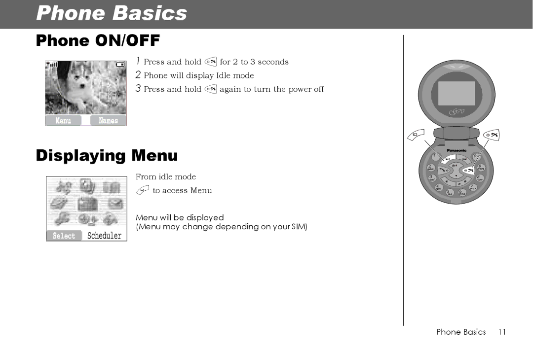 Panasonic G70 manual Phone Basics, Phone ON/OFF, Displaying Menu 