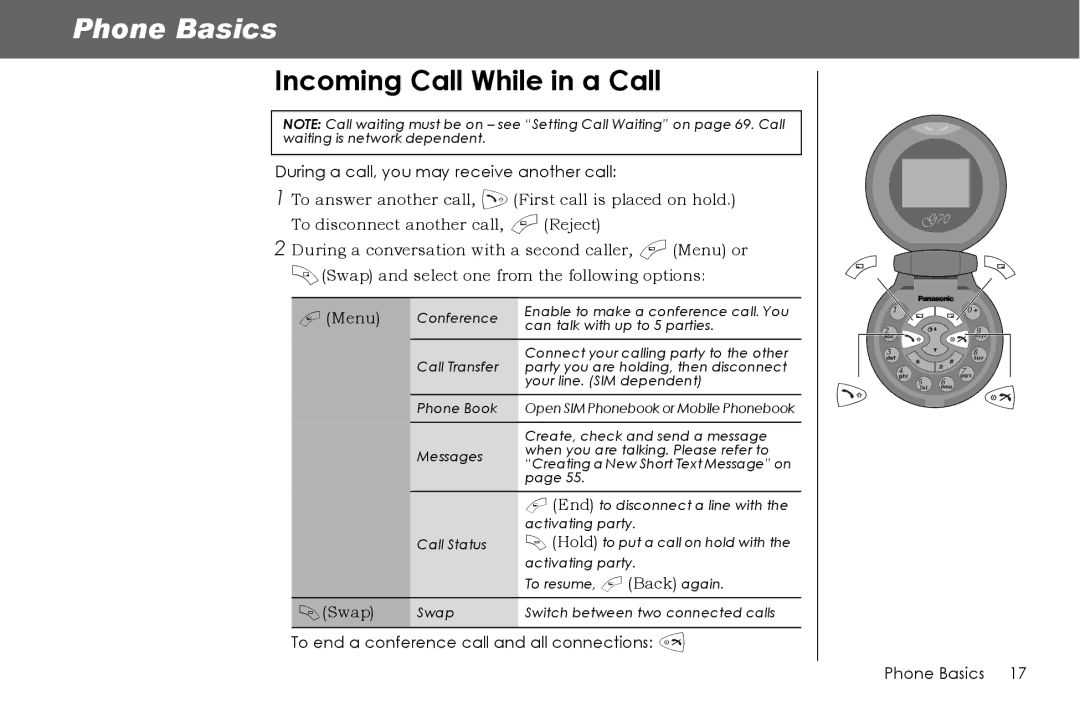 Panasonic G70 manual Incoming Call While in a Call, During a call, you may receive another call 