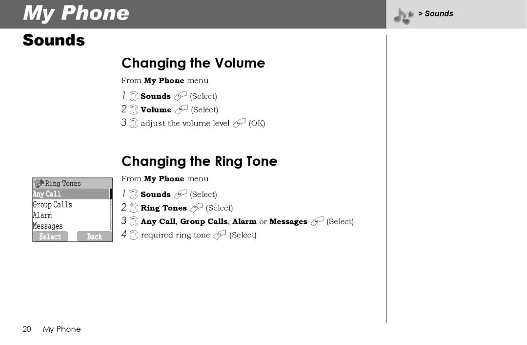 Panasonic G70 manual My Phone, Sounds, Changing the Volume, Changing the Ring Tone 