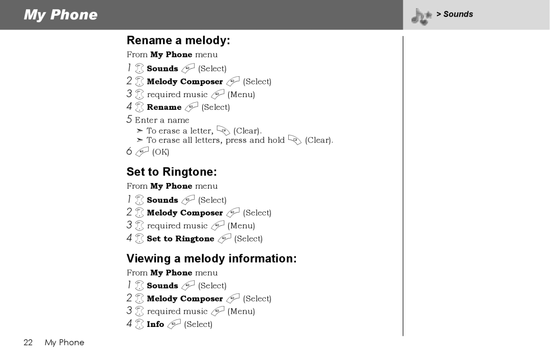 Panasonic G70 manual Rename a melody, Viewing a melody information, Set to Ringtone a Select 