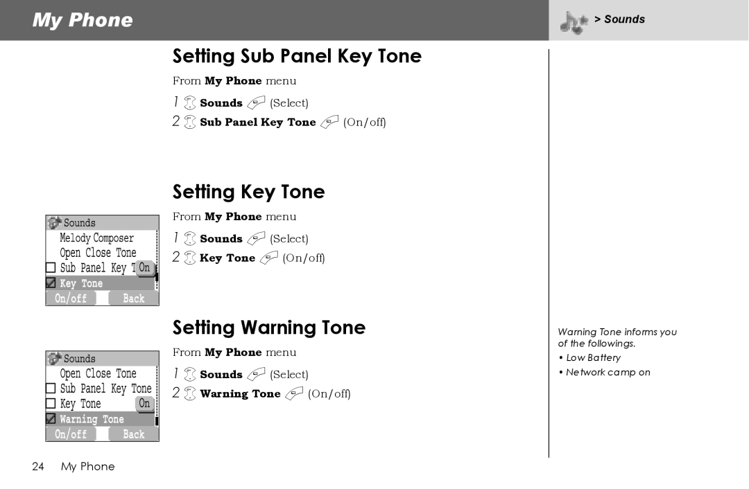 Panasonic G70 manual Setting Sub Panel Key Tone, Setting Key Tone, Setting Warning Tone, Sub Panel Key Tone a On/off 