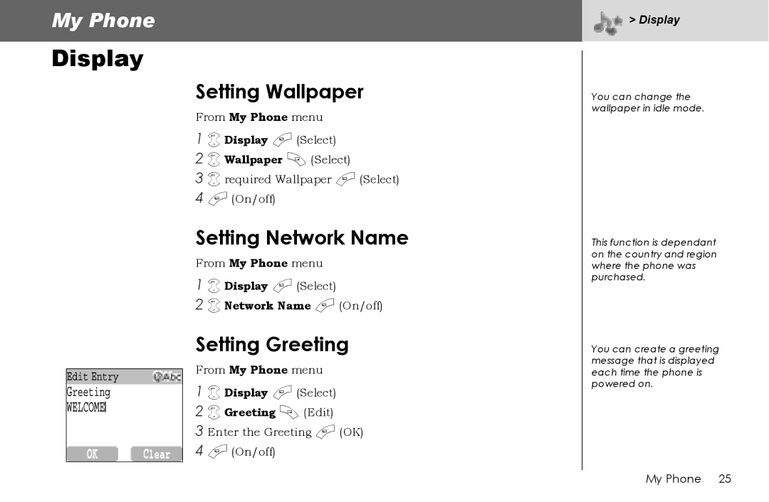 Panasonic G70 manual Display, Setting Wallpaper, Setting Network Name, Setting Greeting 