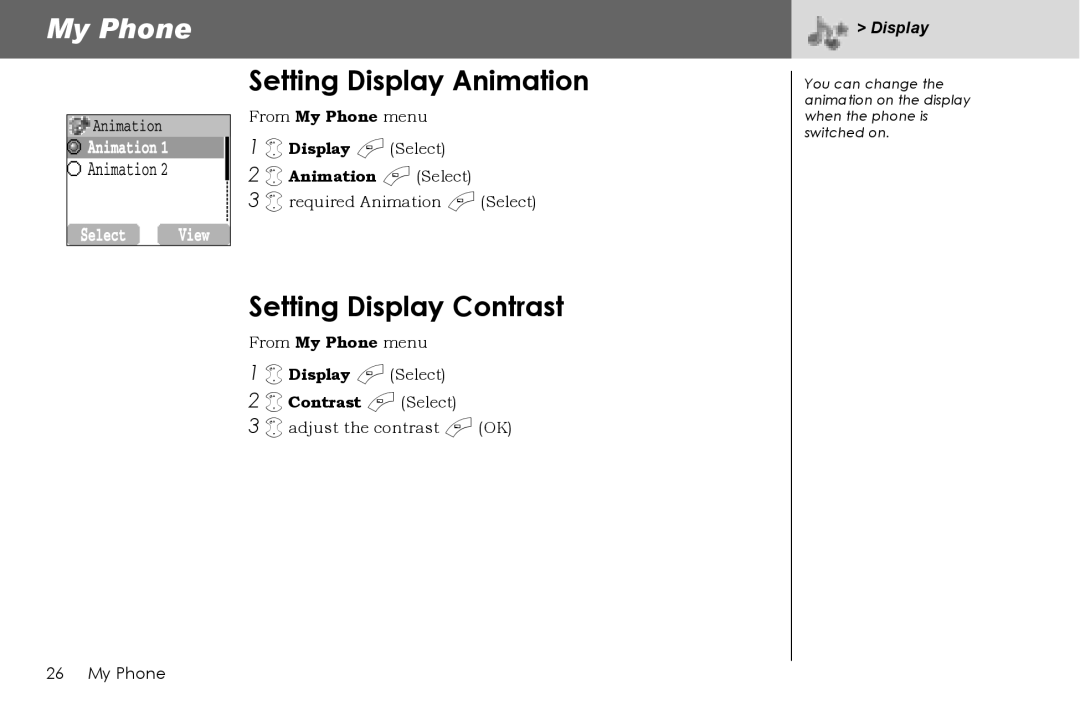 Panasonic G70 manual Setting Display Animation, Setting Display Contrast, Display a Select Animation a Select 