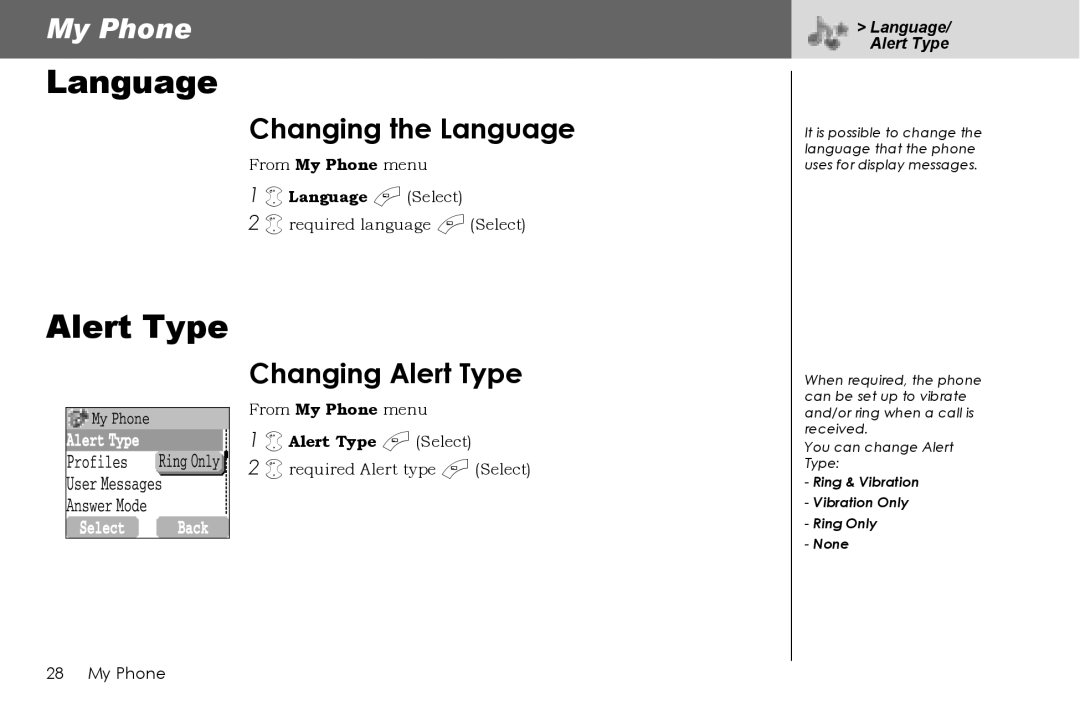 Panasonic G70 manual Changing the Language, Changing Alert Type 