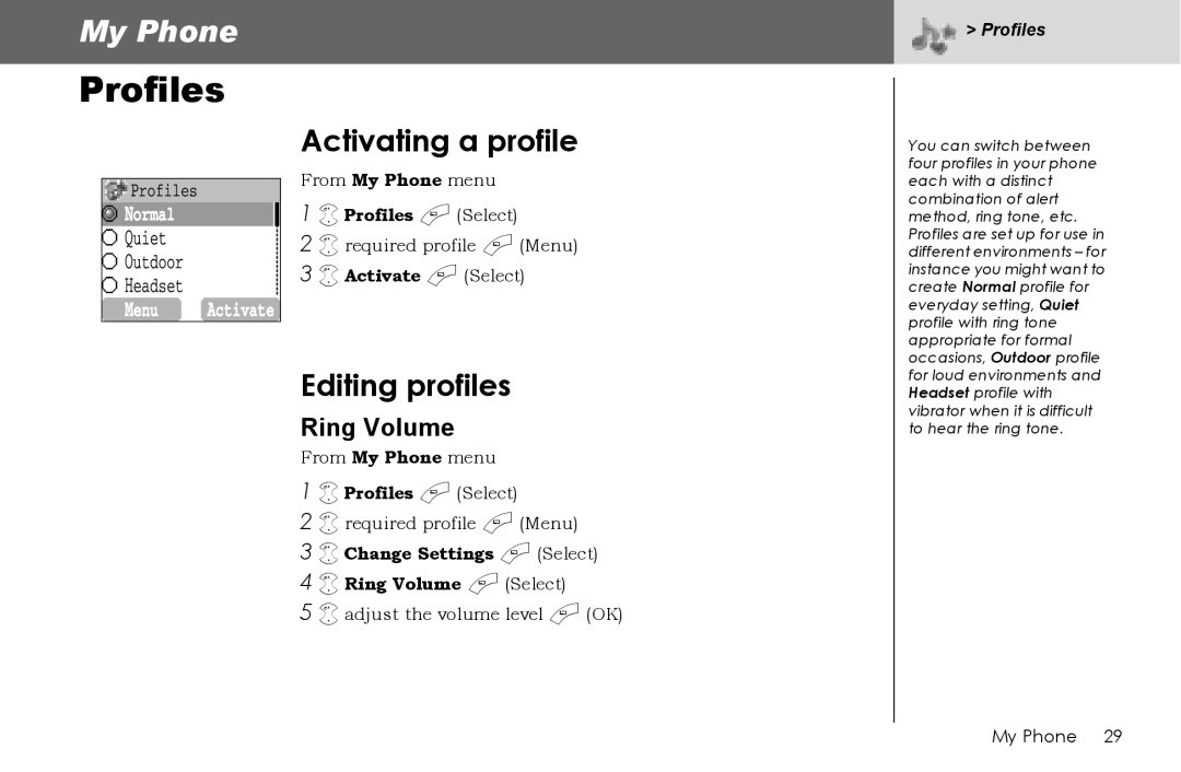 Panasonic G70 manual Profiles, Activating a profile, Editing profiles, Ring Volume 