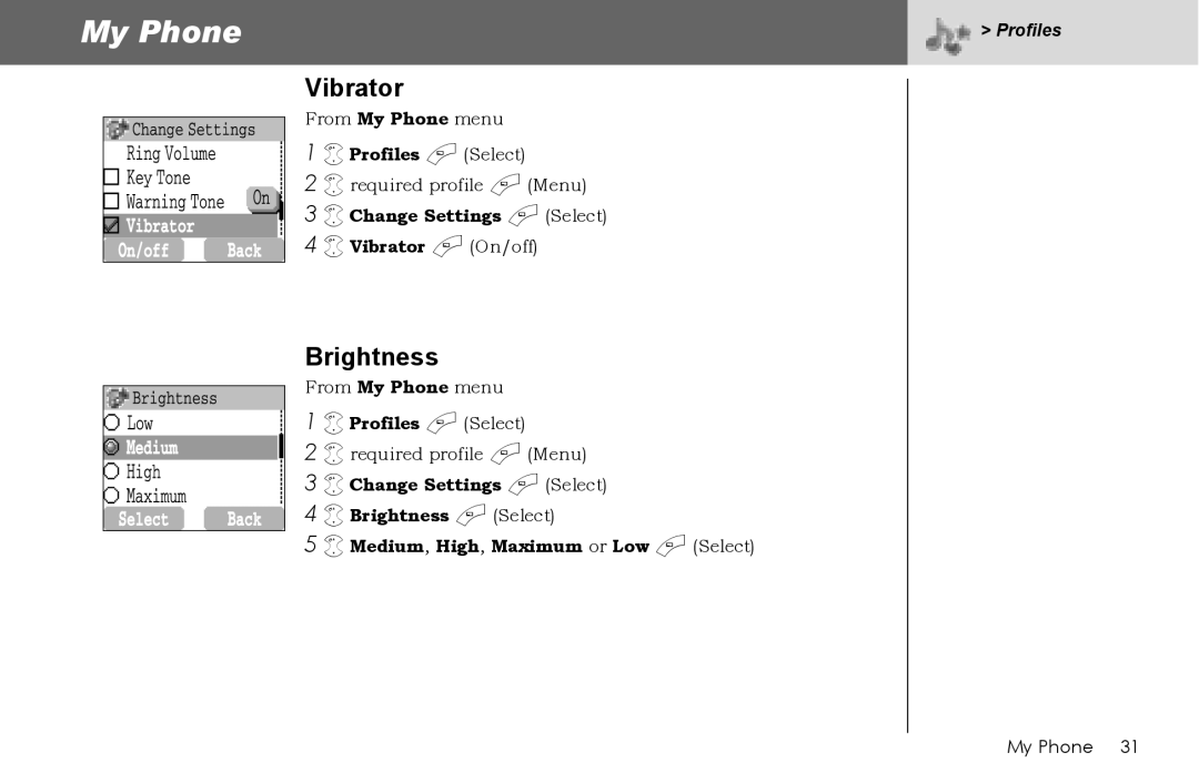 Panasonic G70 manual Brightness, Change Settings a Select Vibrator a On/off 