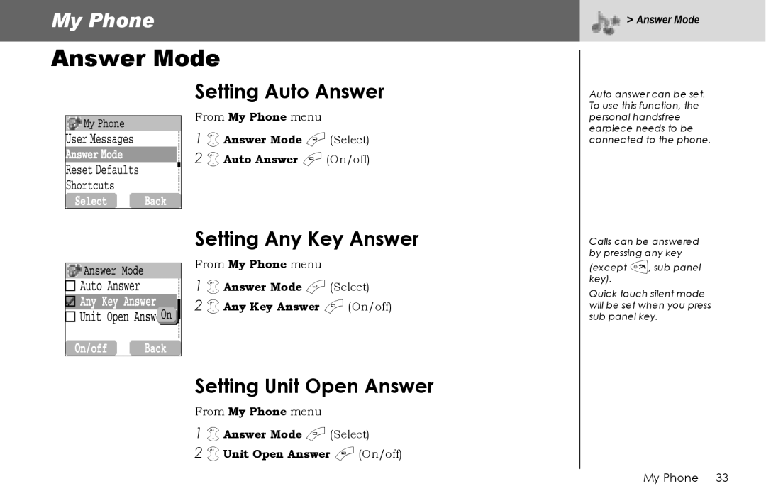 Panasonic G70 manual Answer Mode, Setting Auto Answer, Setting Any Key Answer, Setting Unit Open Answer 