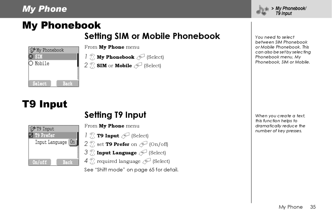 Panasonic G70 manual My Phonebook, Setting SIM or Mobile Phonebook, Setting T9 Input 