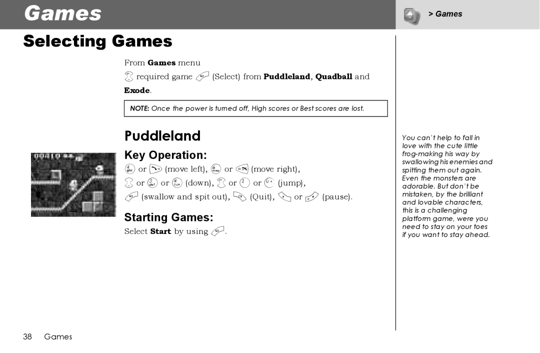 Panasonic G70 manual Selecting Games, Puddleland, Key Operation, Starting Games 