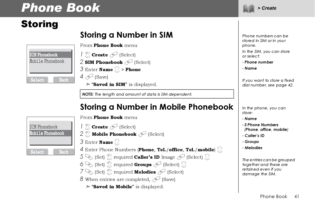 Panasonic G70 manual Phone Book, Storing a Number in SIM, Storing a Number in Mobile Phonebook 