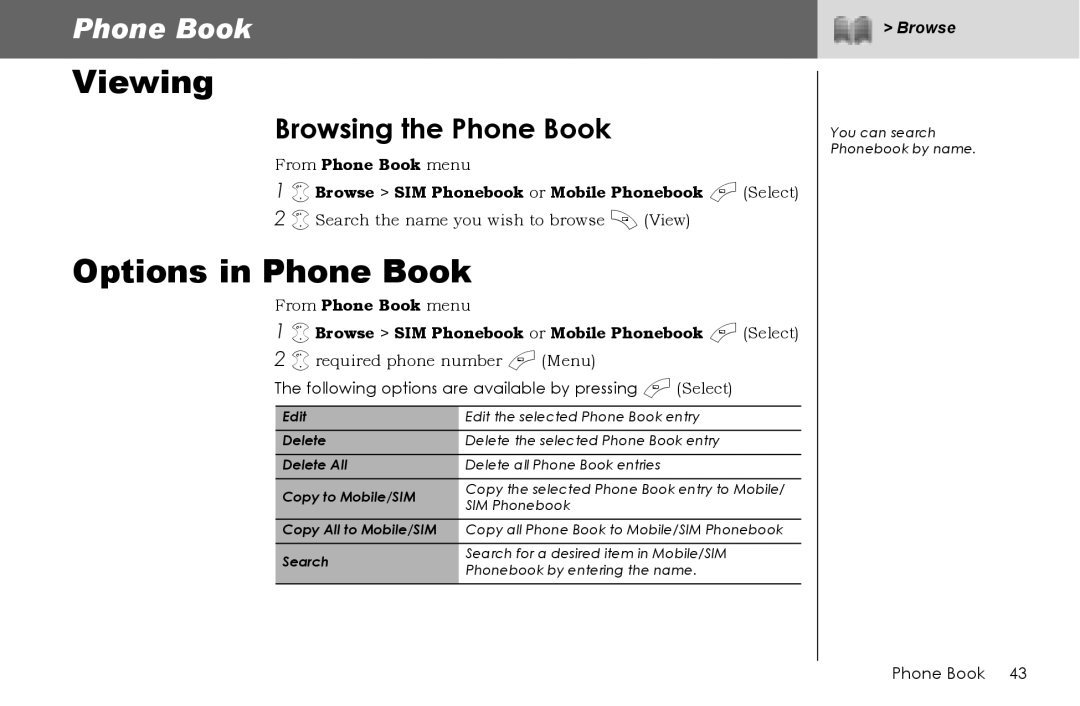 Panasonic G70 manual Viewing, Options in Phone Book, Browsing the Phone Book, Browse 