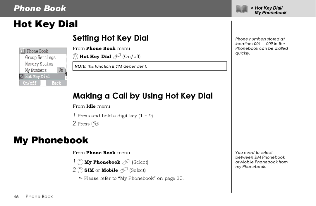 Panasonic G70 Setting Hot Key Dial, Making a Call by Using Hot Key Dial, From Phone Book menu Hot Key Dial a On/off 