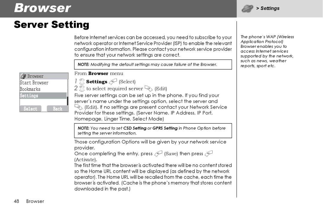 Panasonic G70 manual Browser, Server Setting, Settings a Select 