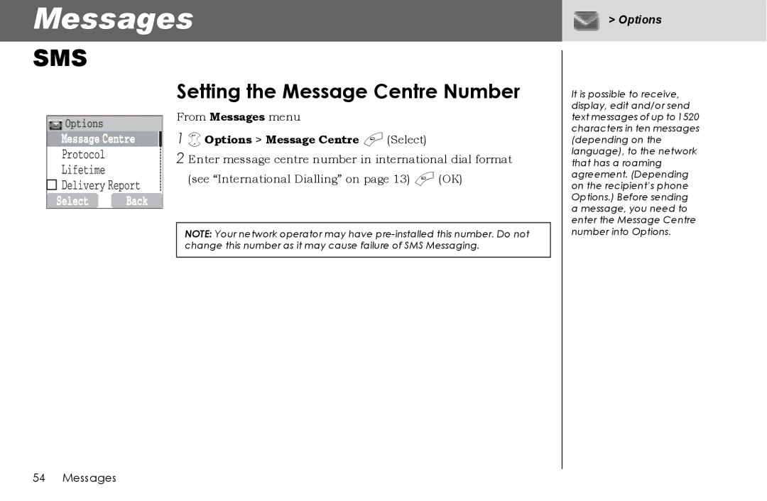 Panasonic G70 manual Messages, Setting the Message Centre Number, Options Message Centre a Select 