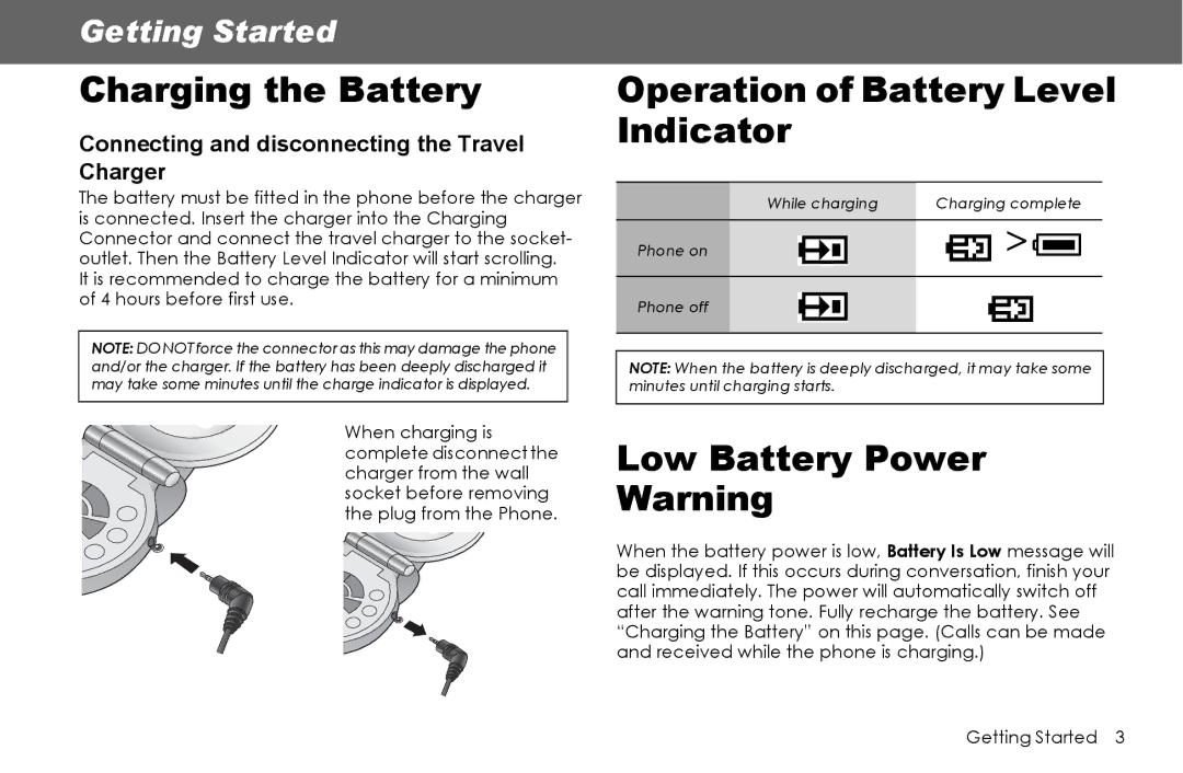 Panasonic G70 manual Charging the Battery, Operation of Battery Level Indicator, Low Battery Power 