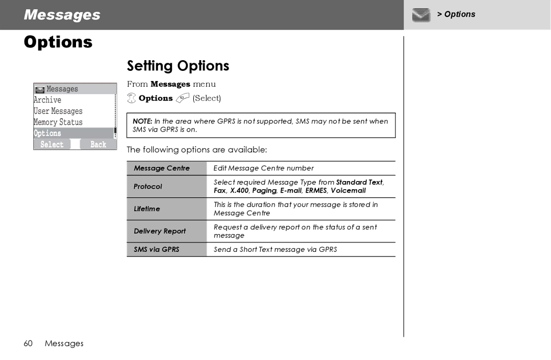 Panasonic G70 manual Setting Options, From Messages menu 4 Options a Select, Following options are available 