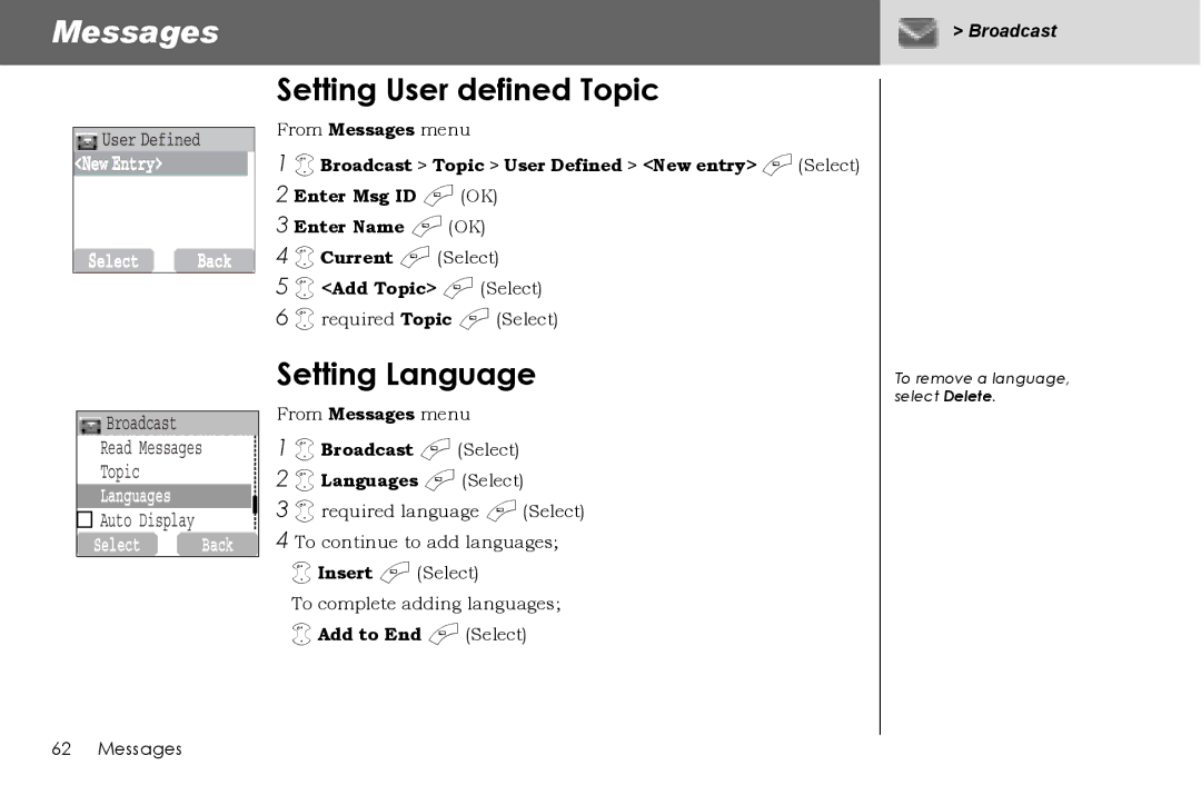 Panasonic G70 Setting User defined Topic, Setting Language, Broadcast a Select Languages a Select, Add to End a Select 