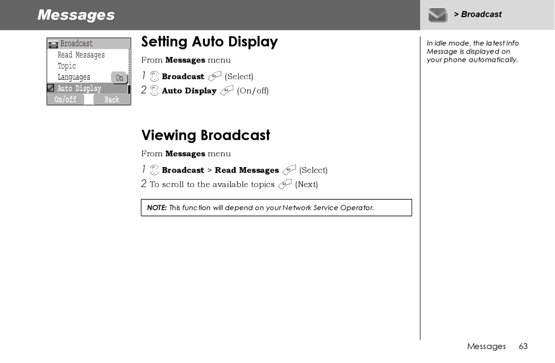 Panasonic G70 manual Setting Auto Display, Viewing Broadcast, Broadcast a Select Auto Display a On/off 