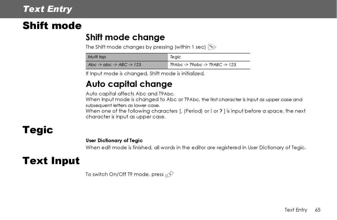 Panasonic G70 manual Tegic, Text Input, Shift mode change, Auto capital change 