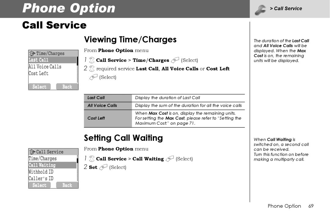 Panasonic G70 manual Phone Option, Call Service, Viewing Time/Charges, Setting Call Waiting 