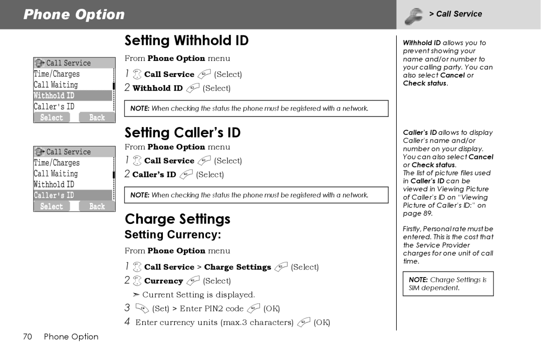 Panasonic G70 manual Setting Withhold ID, Setting Caller’s ID, Charge Settings, Setting Currency 