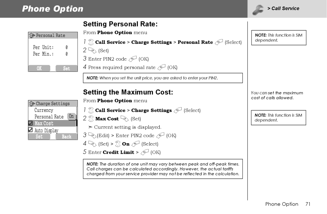 Panasonic G70 manual Setting Personal Rate, Setting the Maximum Cost, Enter Credit Limit a OK 