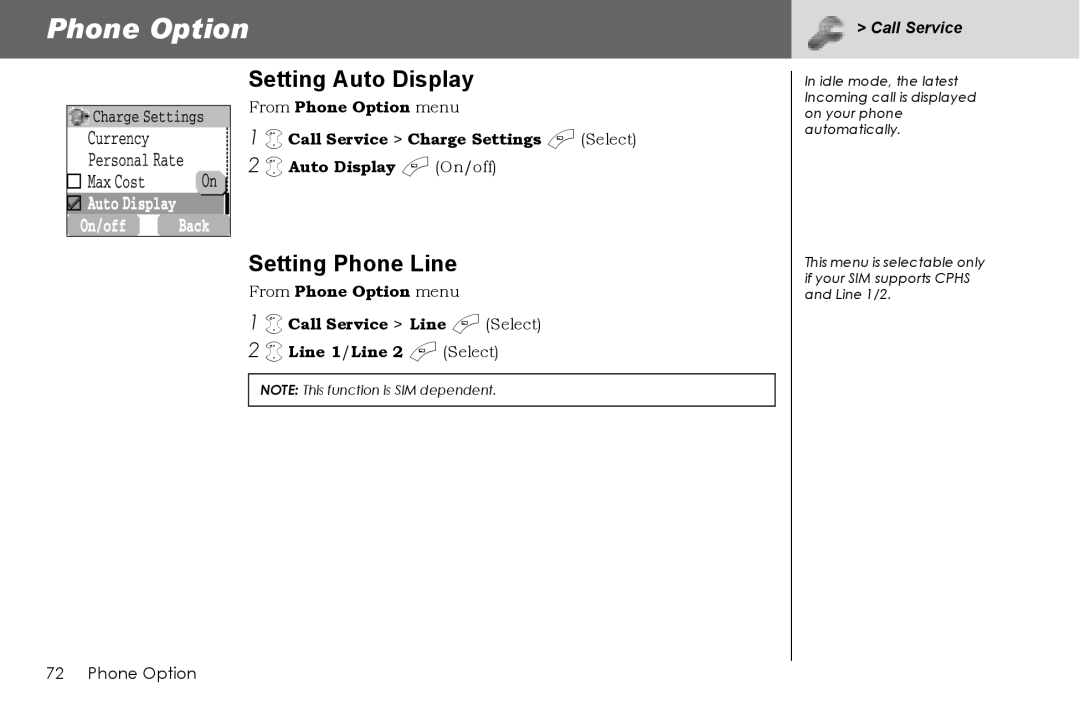 Panasonic G70 manual Setting Auto Display, Setting Phone Line 