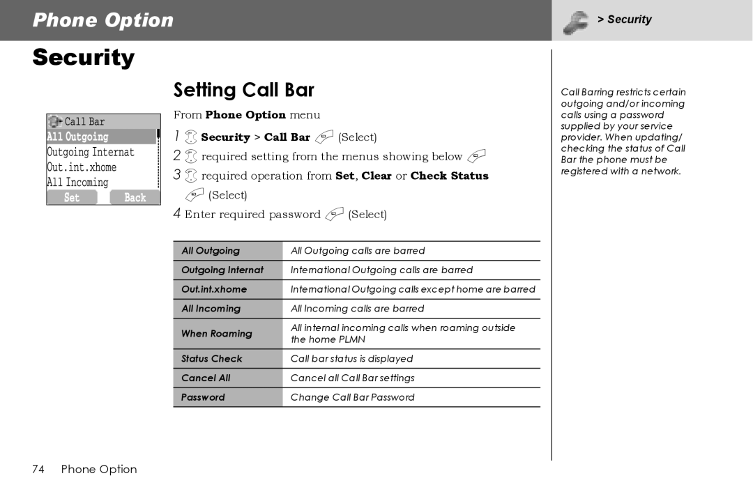 Panasonic G70 manual Setting Call Bar, From Phone Option menu Security Call Bar a Select 