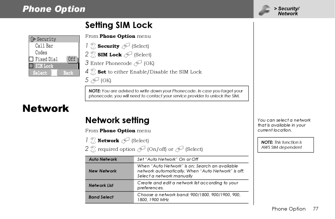 Panasonic G70 manual Setting SIM Lock, Network setting, From Phone Option menu Network a Select, Security/ Network 